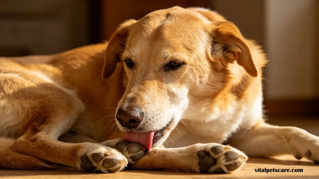 dog licking paw as a sign of discomfort