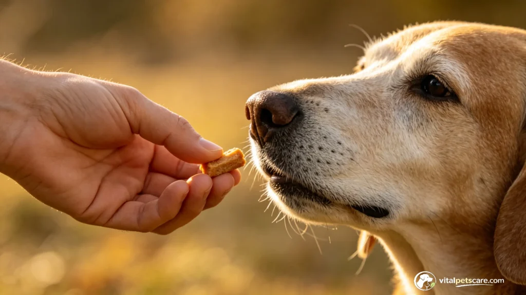 hand-feeding a senior dog to encourage eating