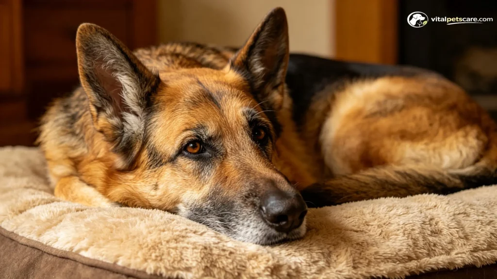 senior German Shepherd with hind leg weakness and breathing changes