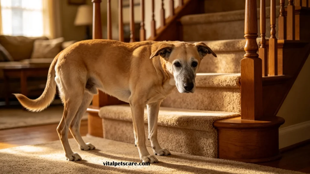senior dog hesitating before climbing stairs due to pain