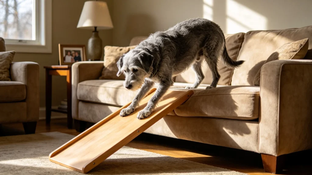 senior dog using a ramp for mobility support