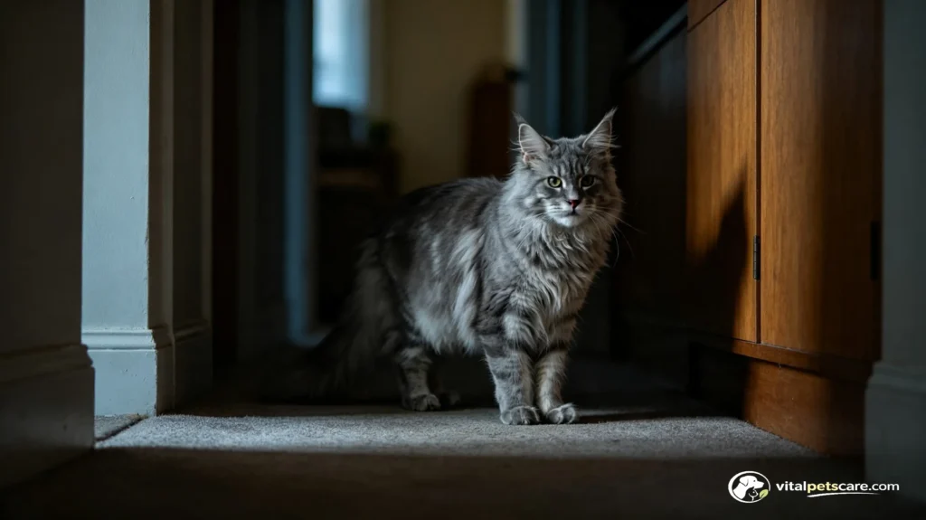 senior cat hesitating in low light vision loss